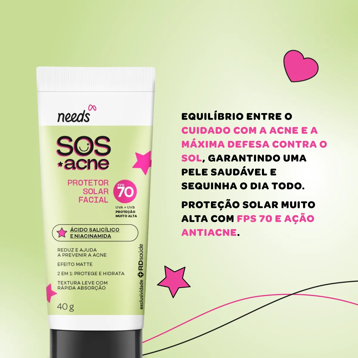 Protetor Solar Facial Needs SOS Acne FPS 70 40g