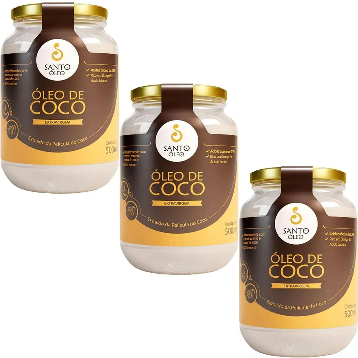 Kit 3X Óleo de Coco Extra Virgem de Película - 500Ml - Santo Óleo