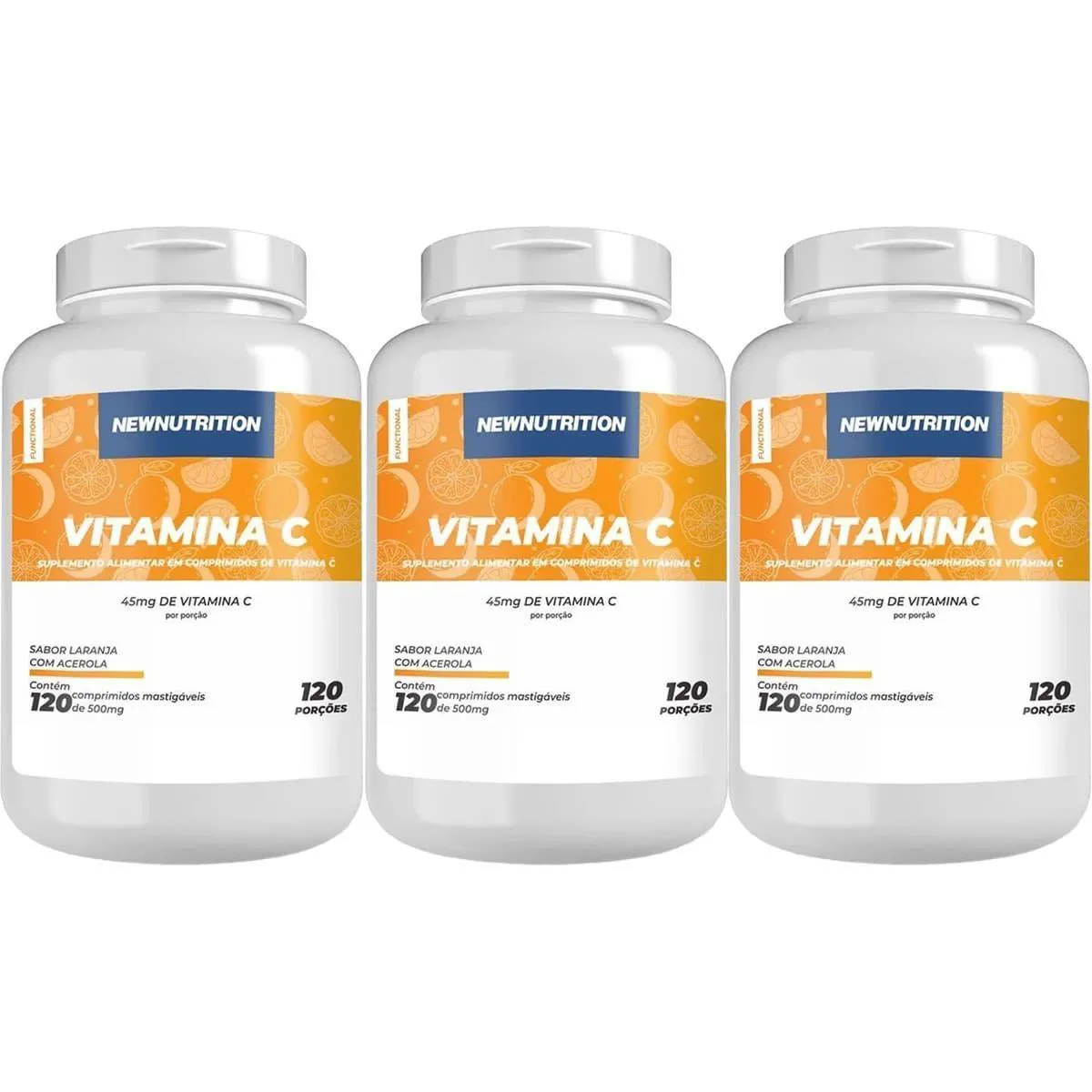 Kit 3X Vitamina C 45Mg - 120 Comprimidos Mastigáveis Laranja com Acerola - Newnutrition