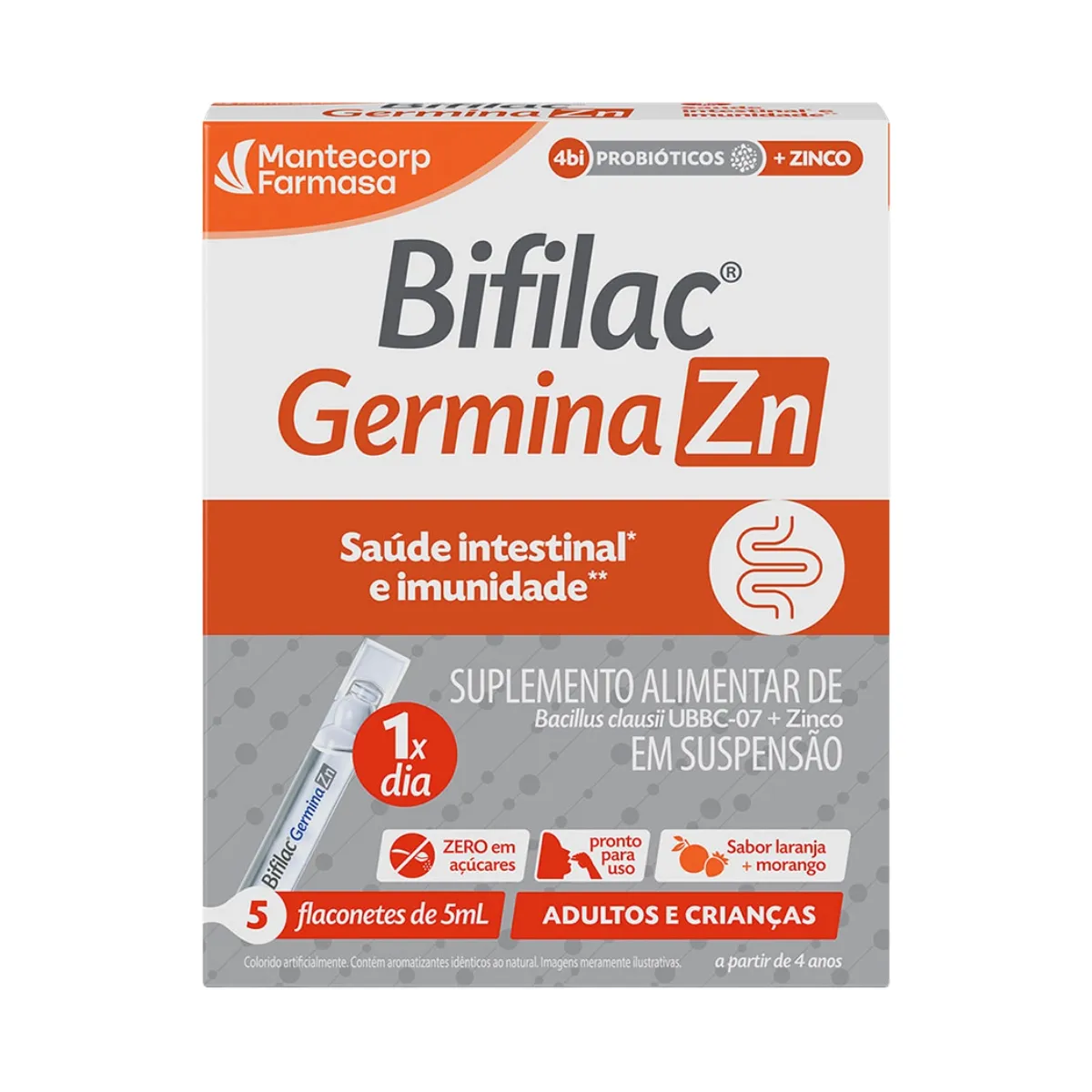 Probiótico Bifilac Germina ZN 4bi + Zinco Suspensão Oral Laranja e Morango 5 flaconetes de 5ml cada