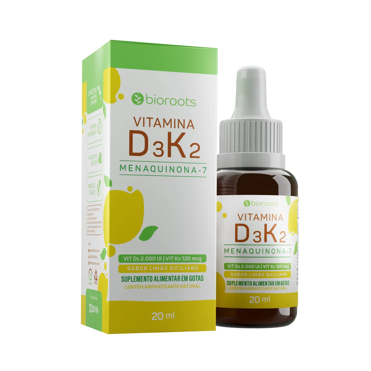 Vitamina D3 2.000UI + K2 120 mcg Bioroots Sabor Limão Siciliano 20 ml