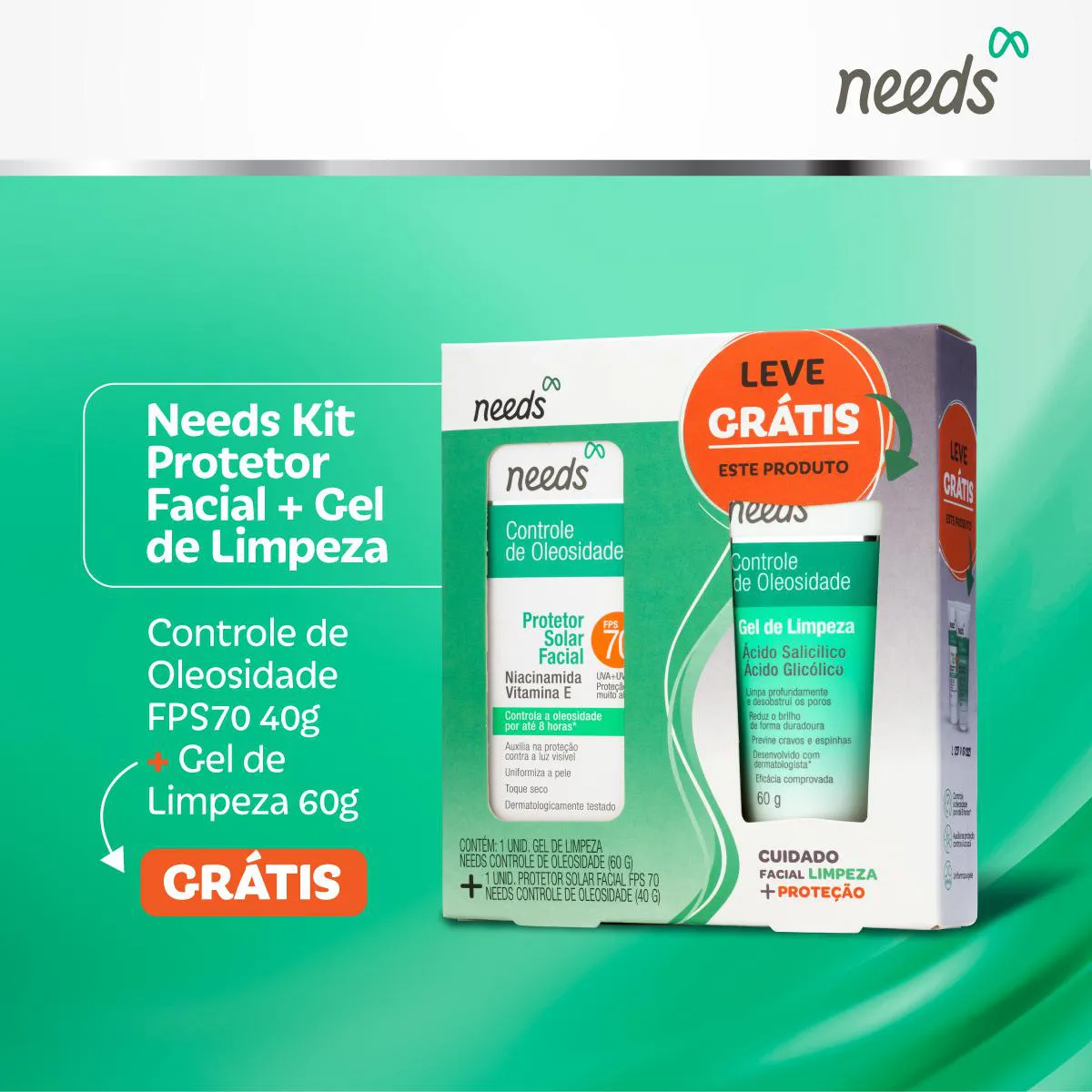 Kit Facial Needs Protetor Solar FPS 70 40g + Gel de Limpeza 60g