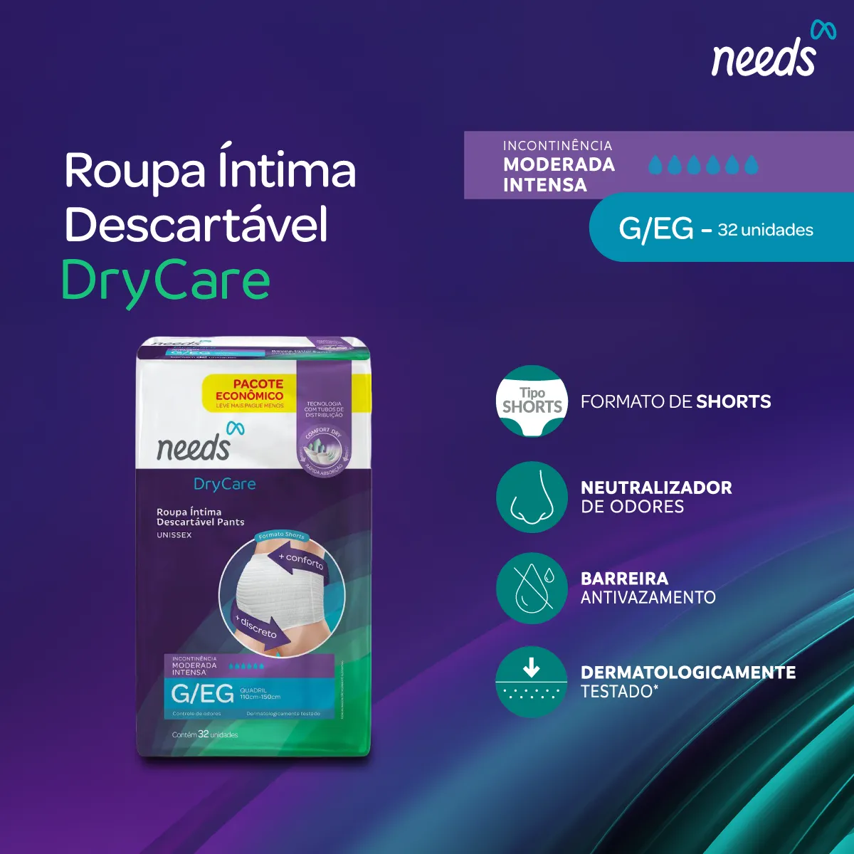 Roupa Íntima Descartável Needs Pants DryCare G/EG 32 Unidades