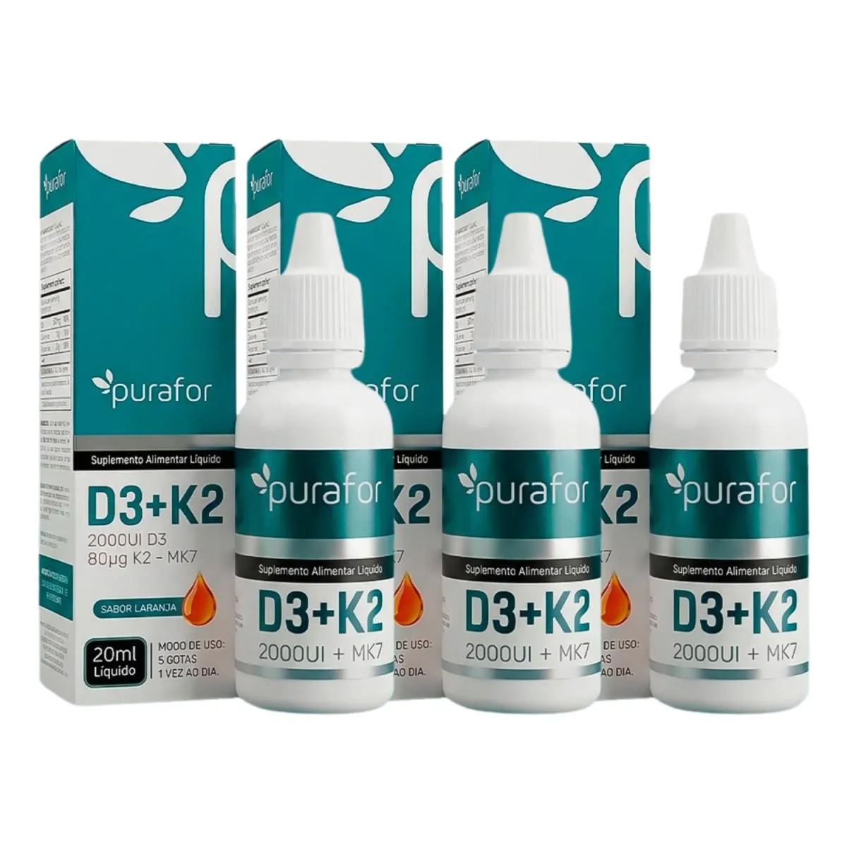 3X Vitamina D3 + K2 Gotas Purafor 20Ml Imunidade e Saúde Óssea