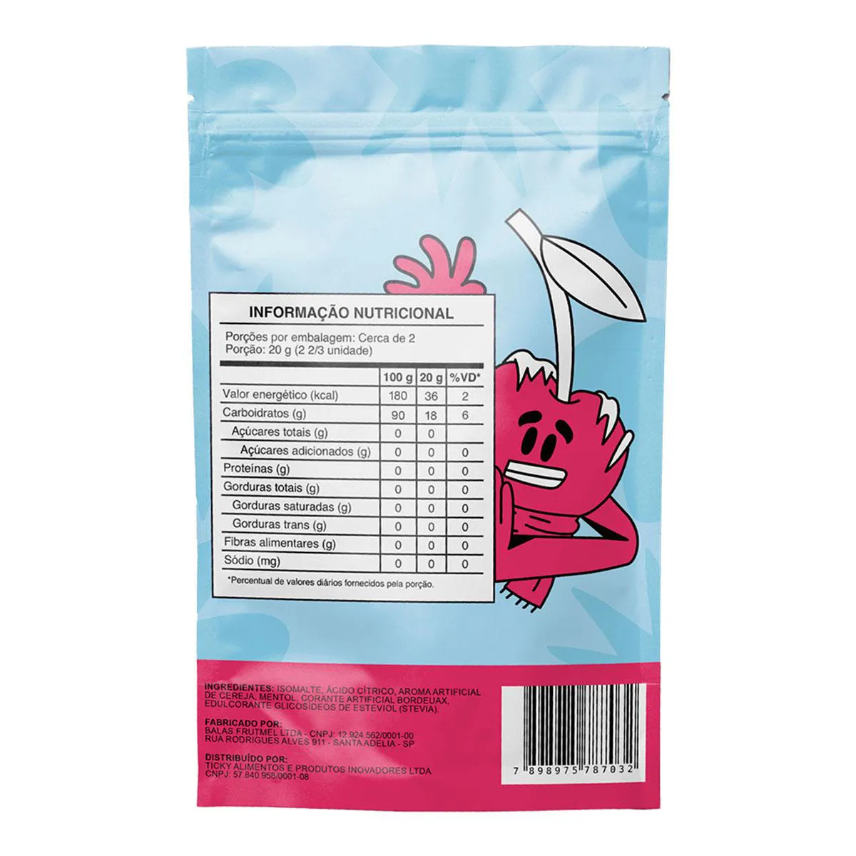 Pirulito Ticky Zero Açucar Ice Cherry Pouch 4 unidades
