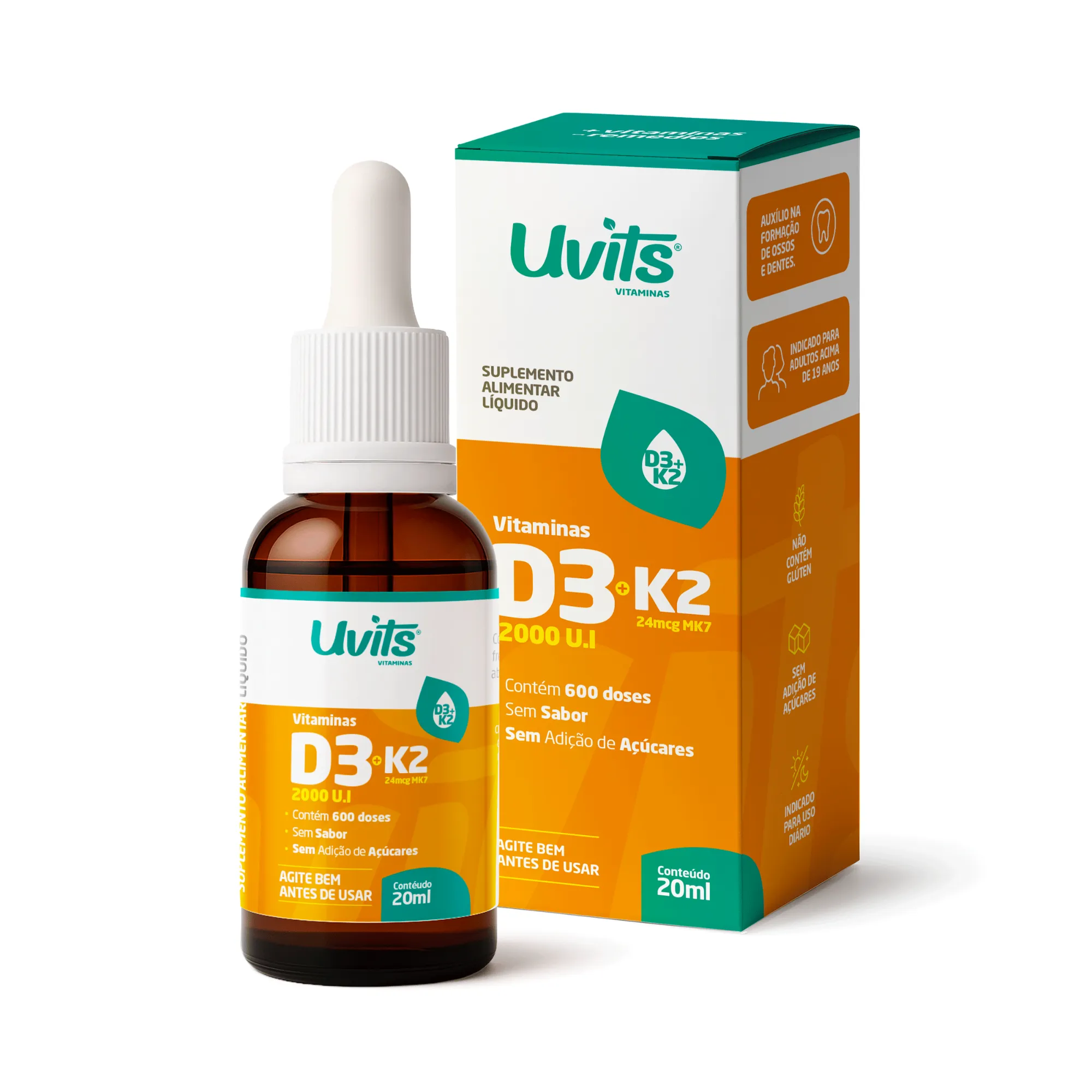 Vitamina D3 2000UI K2 24Mcg 20ml 600 Doses - Uvits