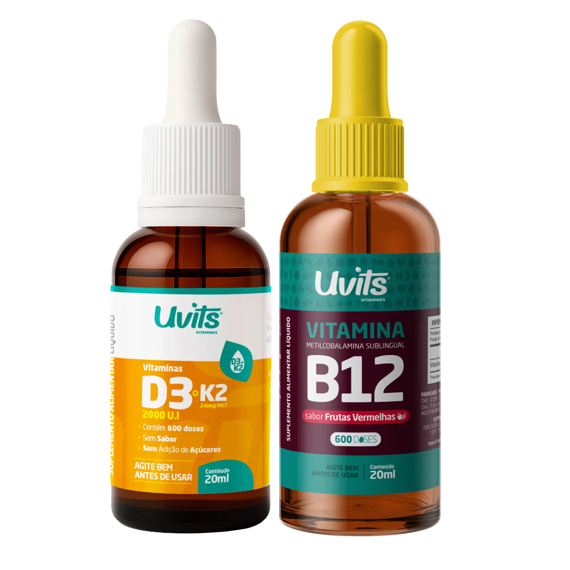 Kit Vitamina D3 2000UI K2 24Mcg 600 Doses + Vitamina B12 Uvits 600 Doses
