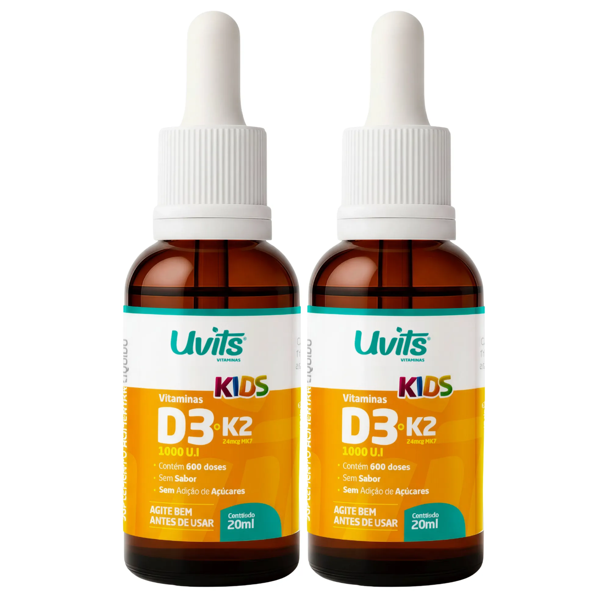 Kit Vitamina Kids D3 2000UI E K2 24Mcg Com 2 Unidades em Gotas 20ml 1200 Doses - Uvits