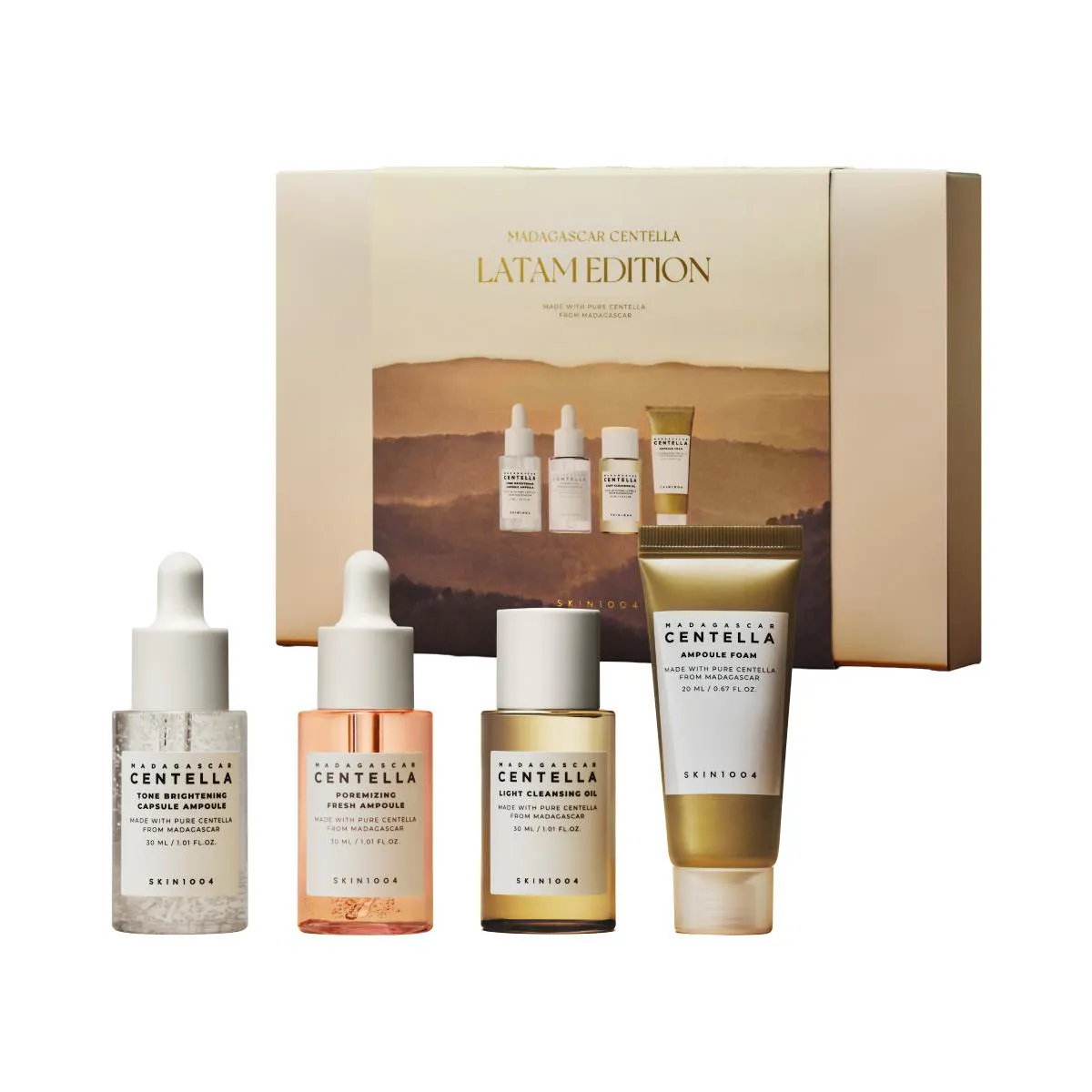 Kit Viagem Skin1004 Madagascar Centella Ampola Poremizing Fresh + Tone Brightening + Cleansing Oil + Espuma De Limpeza
