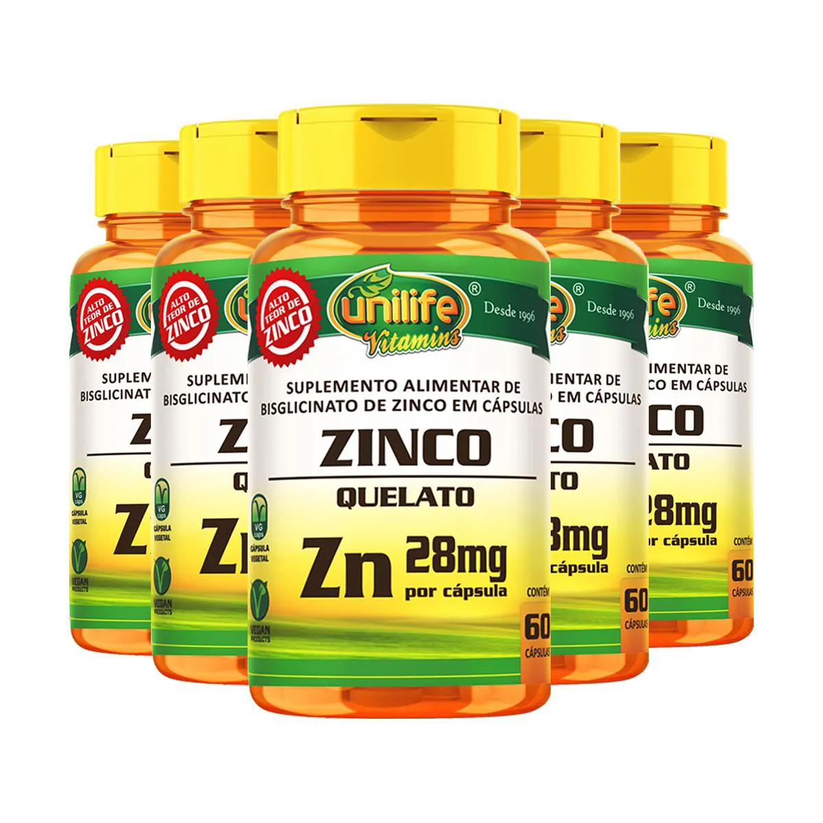 Kit 5 Zinco Quelato 28Mg 60 Cápsulas Unilife