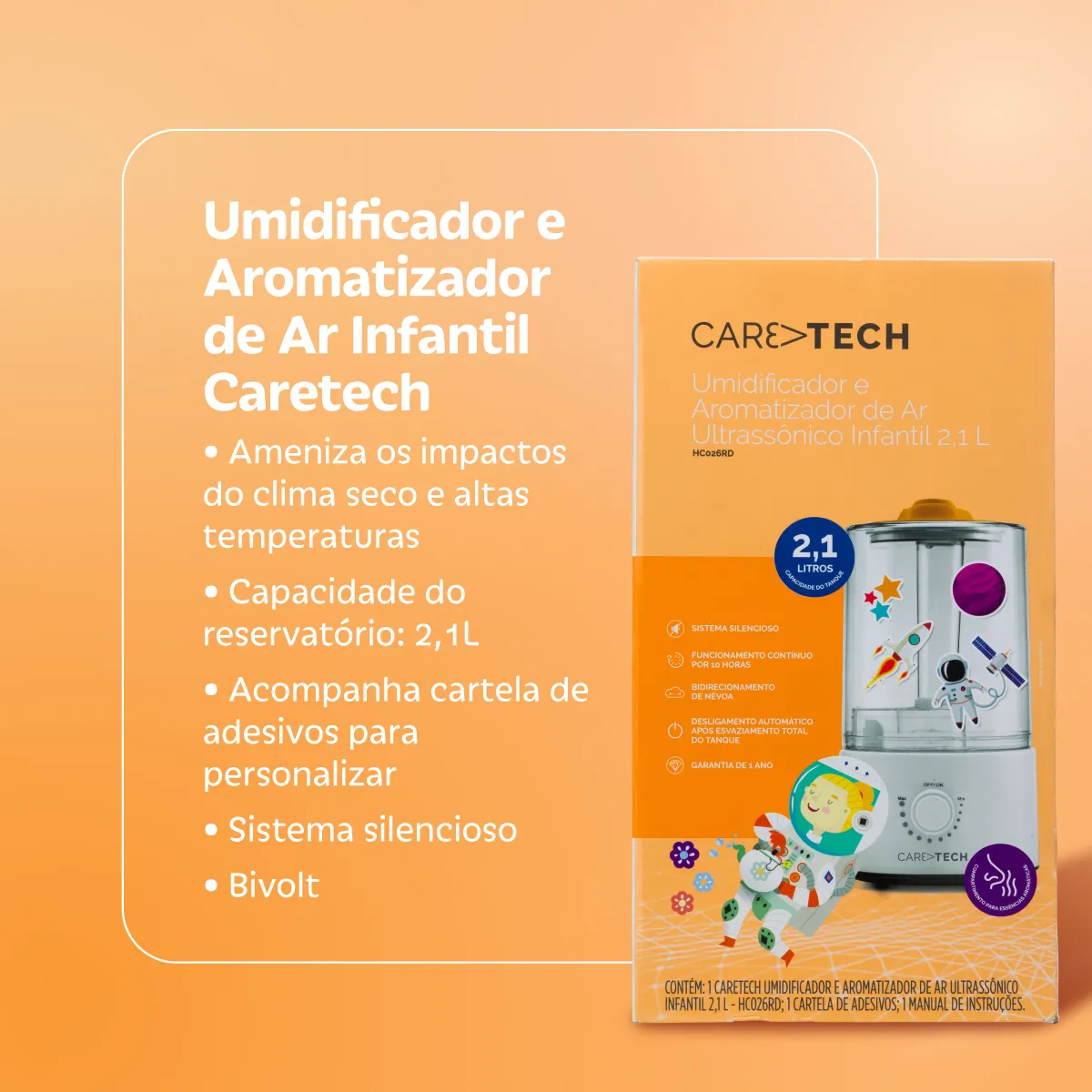 Umidificador e Aromatizador de Ar Infantil Caretech HC026RD 2,1L
