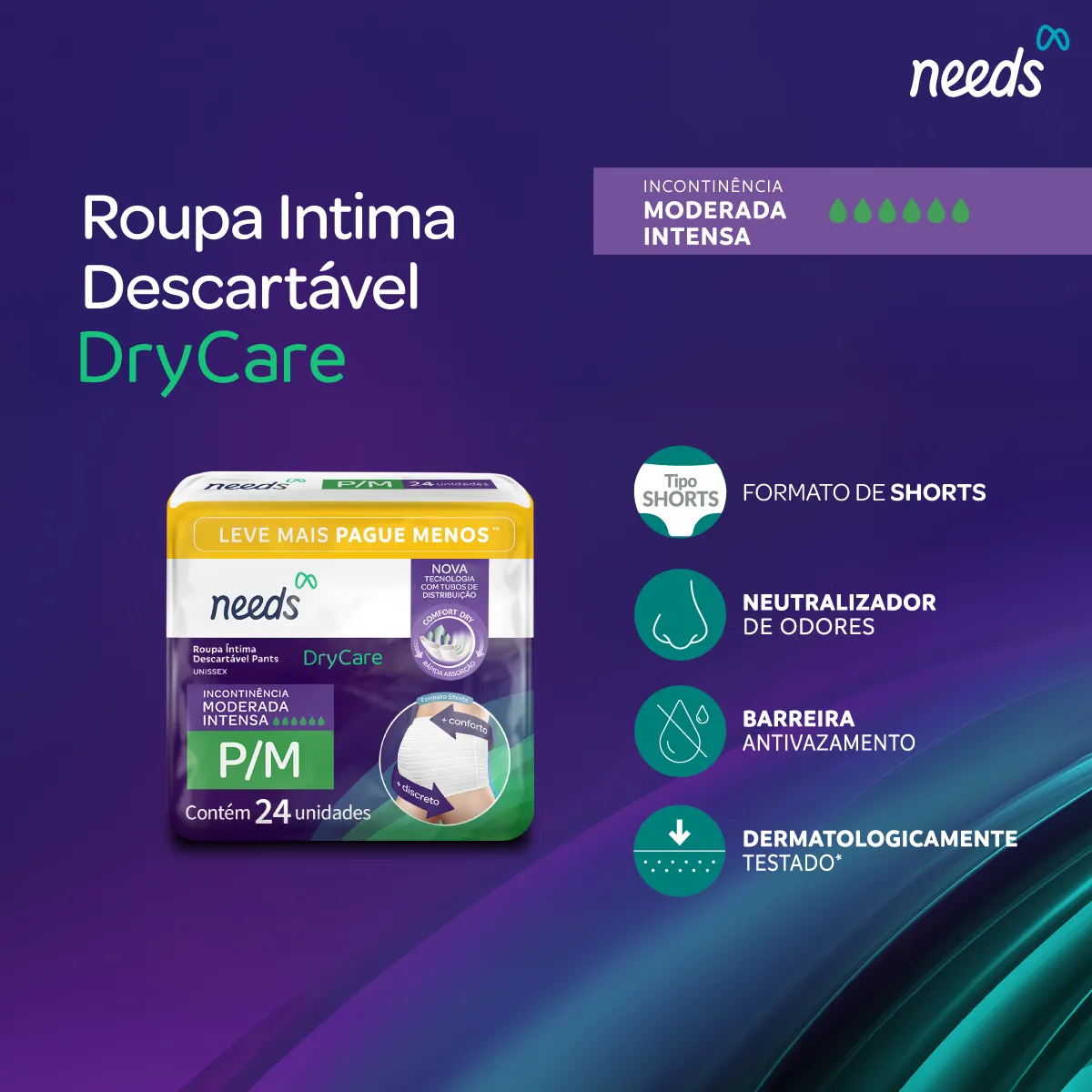 Roupa Íntima Descartável Needs DryCare Pants P/M 24 Unidades