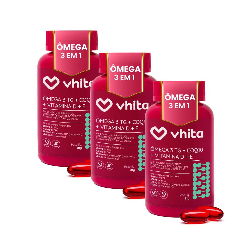 Ômega 3 Vitamina D  Coenzima Q10 - Ômega 3 em 1 Vhita - 3 Potes
