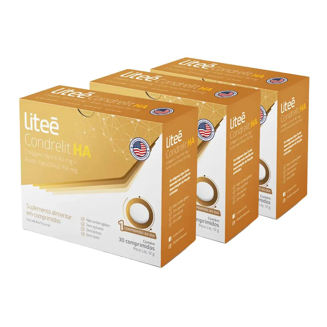 3x Colágeno Tipo 2 40mg + Acido Hialurônico 150mg Litee
