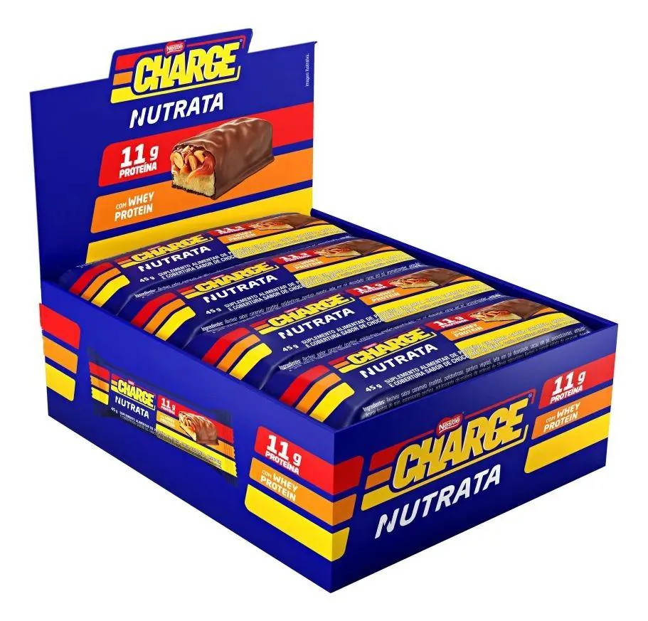 Barra Proteica Nutrata Charge Bar Caixa com 12 Unidades (540g) - Sabor: Caramelo, Amendoim e Chocolate ao Leite