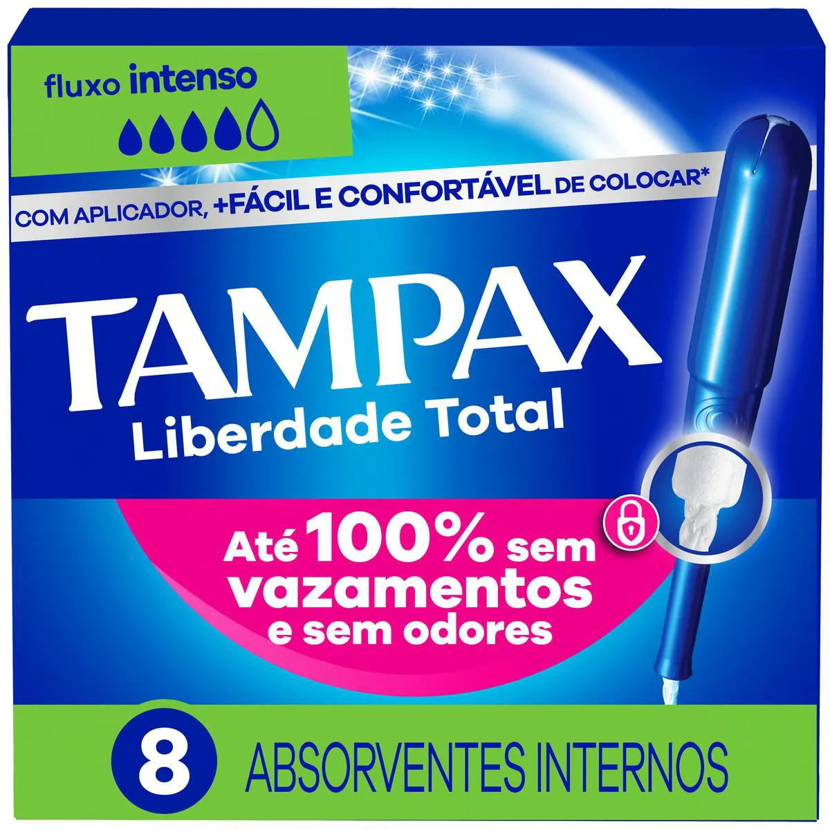 Absorvente Interno Tampax Liberdade Total para Fluxo Intenso Com Aplicador 8 unidades