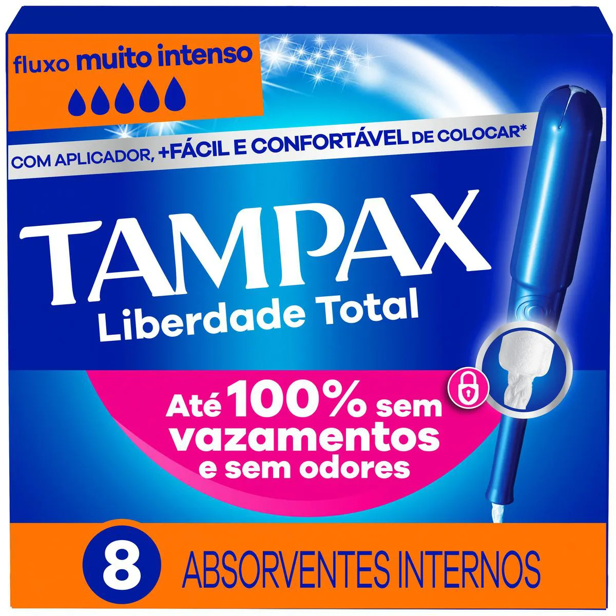 Absorvente Interno Tampax Liberdade Total para Fluxo Muito Intenso Com Aplicador 8 Unidades