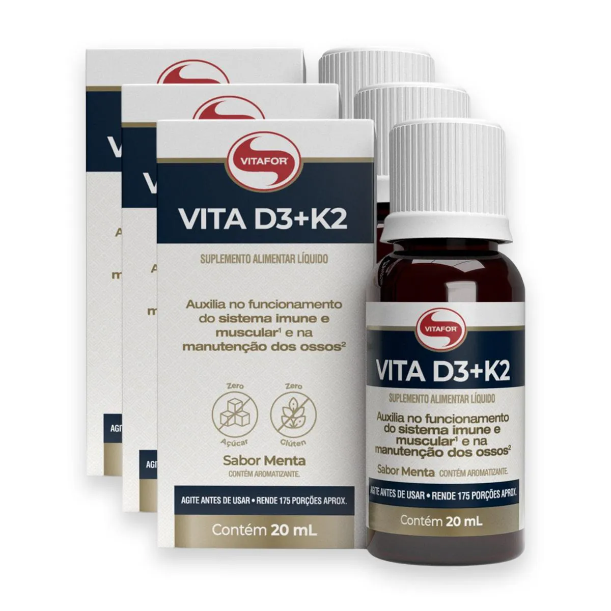 Kit 3 Vita D3 + K2 Vitafor 20ml Menta