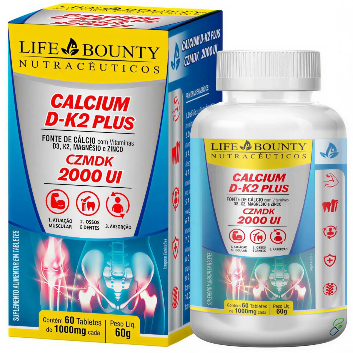Calcium D-k2 Plus Czmdk - Cálcio + Magnésio + Zinco + Vitamina D3 + Vitaminas K2 60 Tabletes - Life Bounty