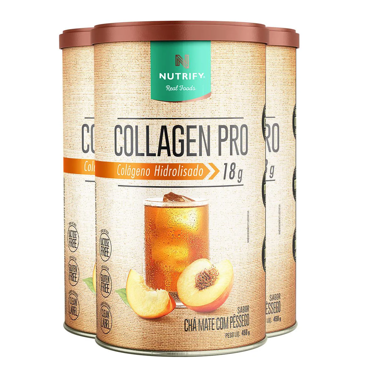 Kit 3 Collagen Pro Colágeno Hidrolisado Chá Mate com Pessêgo Nutrify 450g
