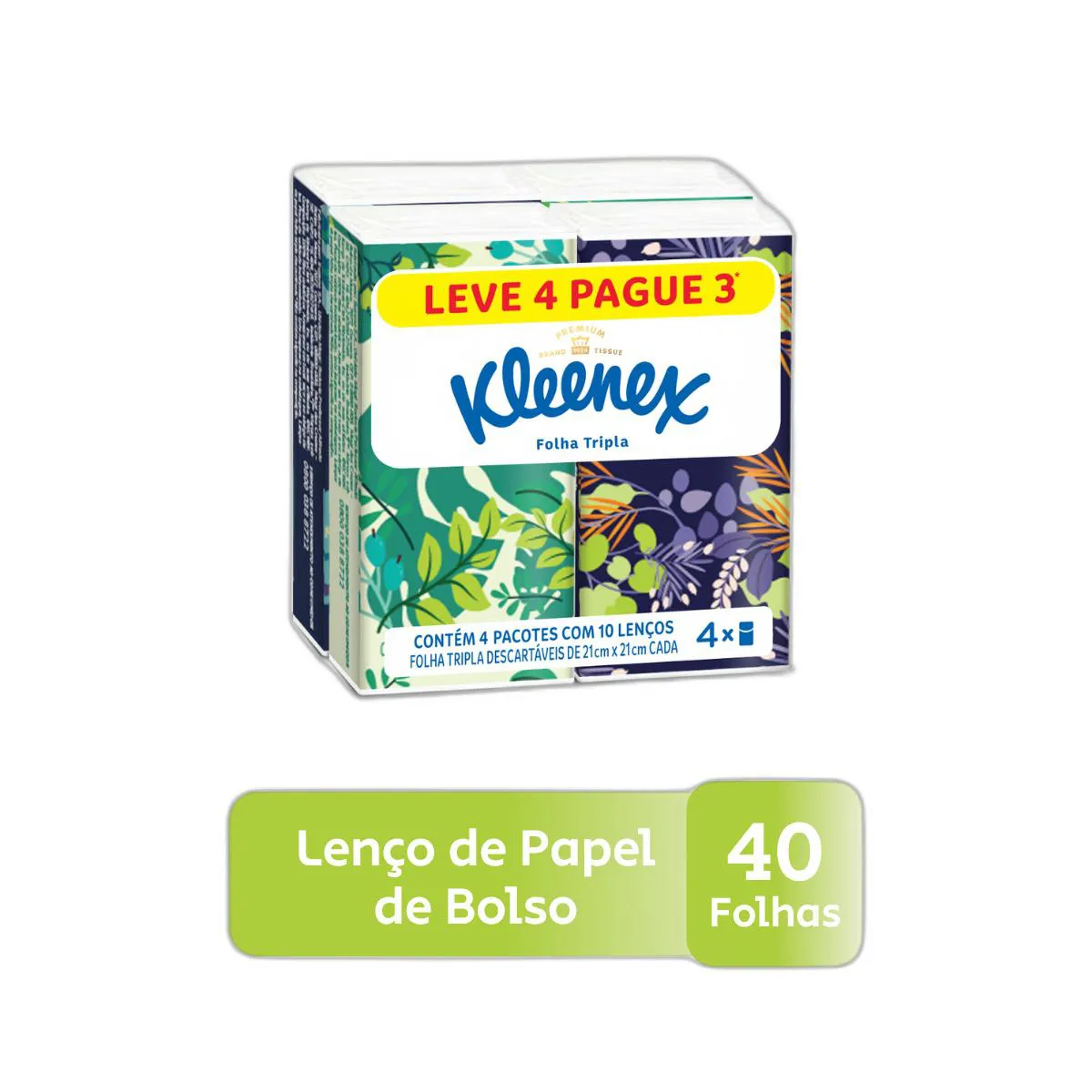 Kit Lenços de Papel de Bolso Kleenex Dia a Dia Folha Tripla com 4 pacotes de 10 folhas cada