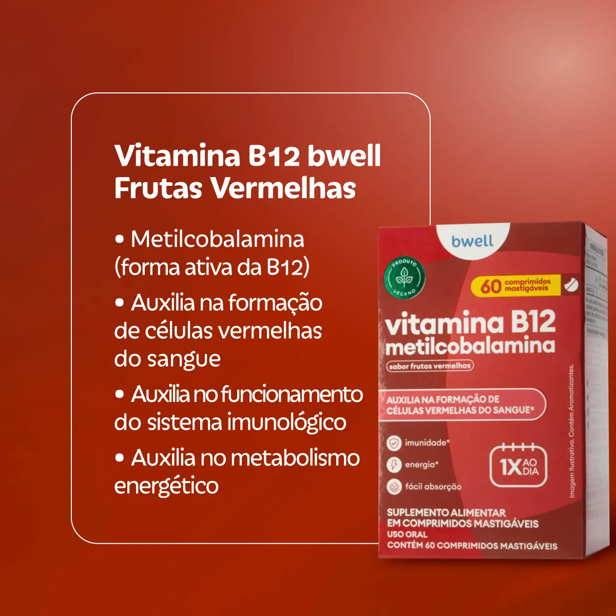 Vitamina B12 Bwell Frutas Vermelhas 60 Comprimidos Mastigáveis