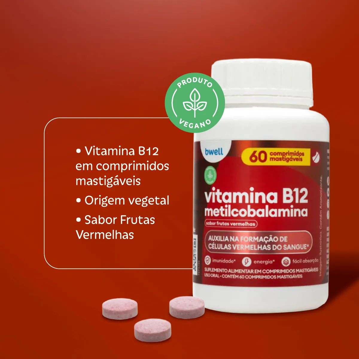 Vitamina B12 Bwell Frutas Vermelhas 60 Comprimidos Mastigáveis