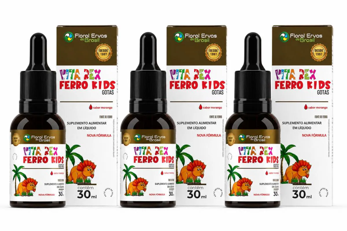 Kit 3x Vitamina em Gotas Vita Rex Ferro Kids Sabor Morango 30ml - Floral Ervas