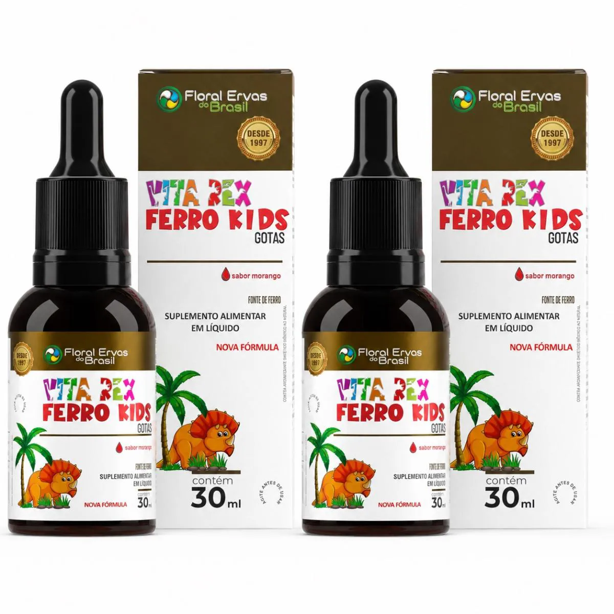Kit 2x Vitamina em Gotas Vita Rex Ferro Kids Sabor Morango 30ml - Floral Ervas