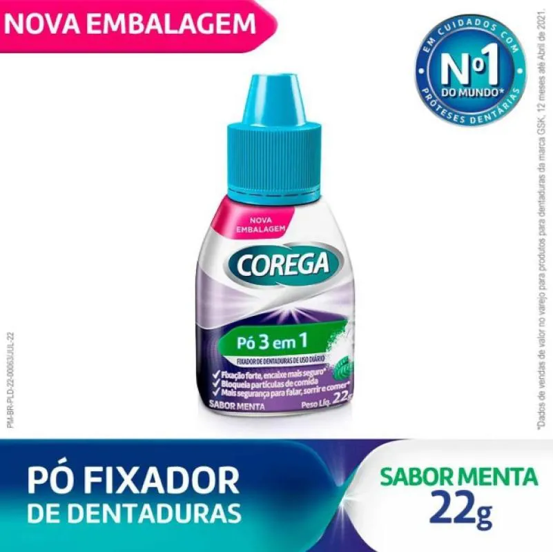 Corega Pó Fixador de Dentadura 3 em 1 Menta 22g