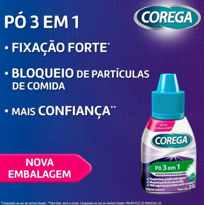 Corega Pó Fixador de Dentadura 3 em 1 Menta 22g
