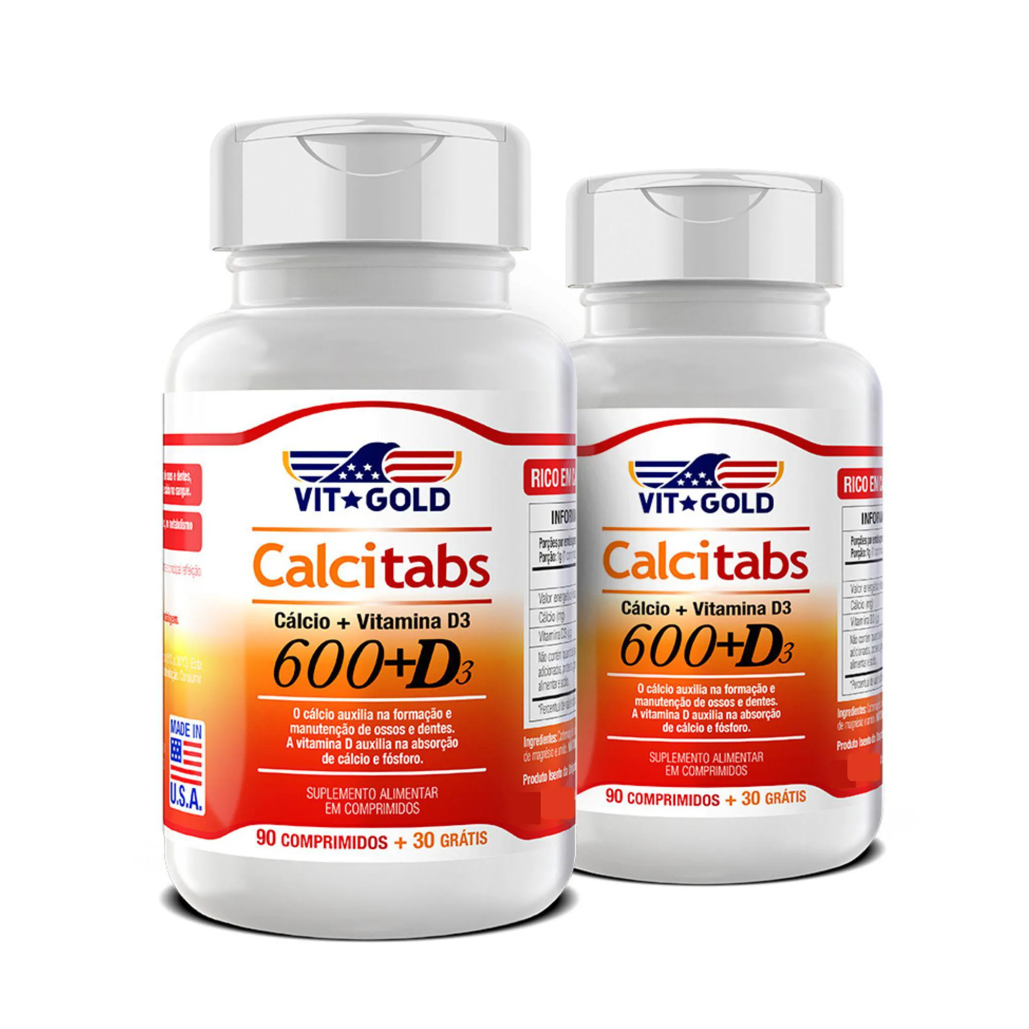 Kit 2x Calcitabs - Cálcio 600mg + Vitamina D3 com 90 Comprimidos Vitgold