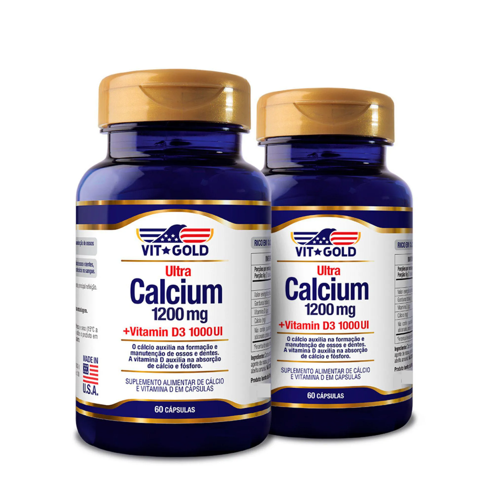 Kit 2x Ultra Cálcio 1200mg + Vitamina D3 1000UI 60 Cápsulas Vitgold