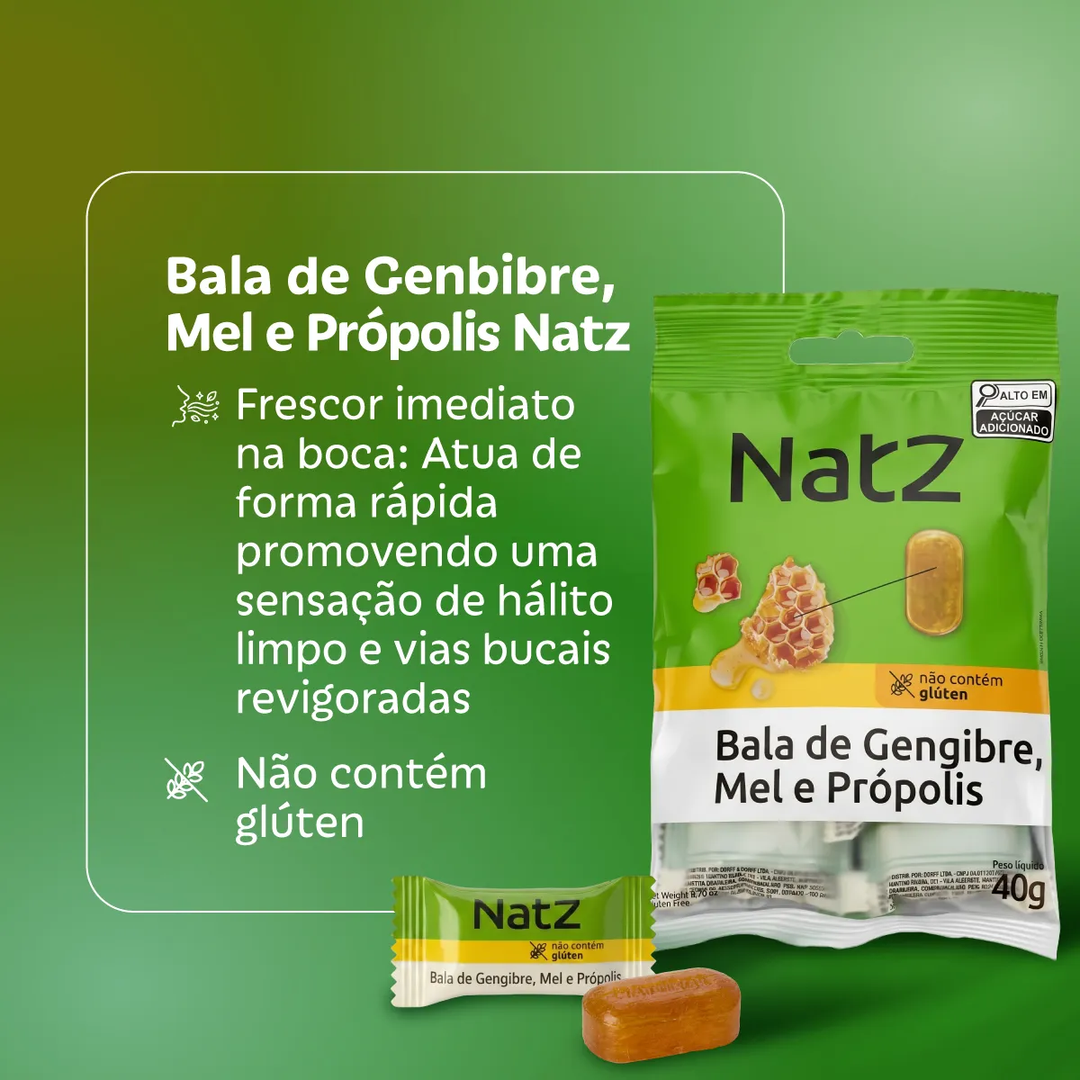 Bala de Gengibre, Mel e Própolis Natz 40g