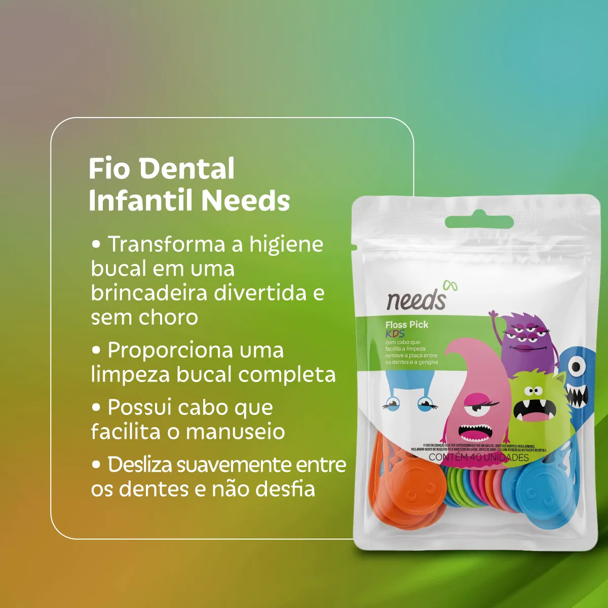 Fio Dental Infantil Needs Floss Pick Kids 40 Unidades