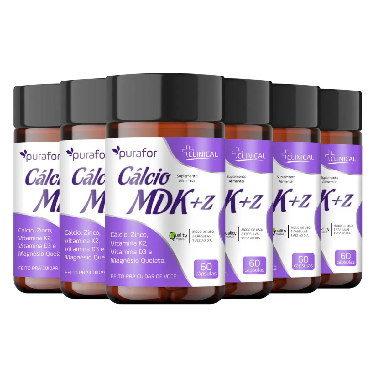 Kit 6x Cálcio Mdk com Zinco e Magnésio Quelato 60 Cáps Purafor