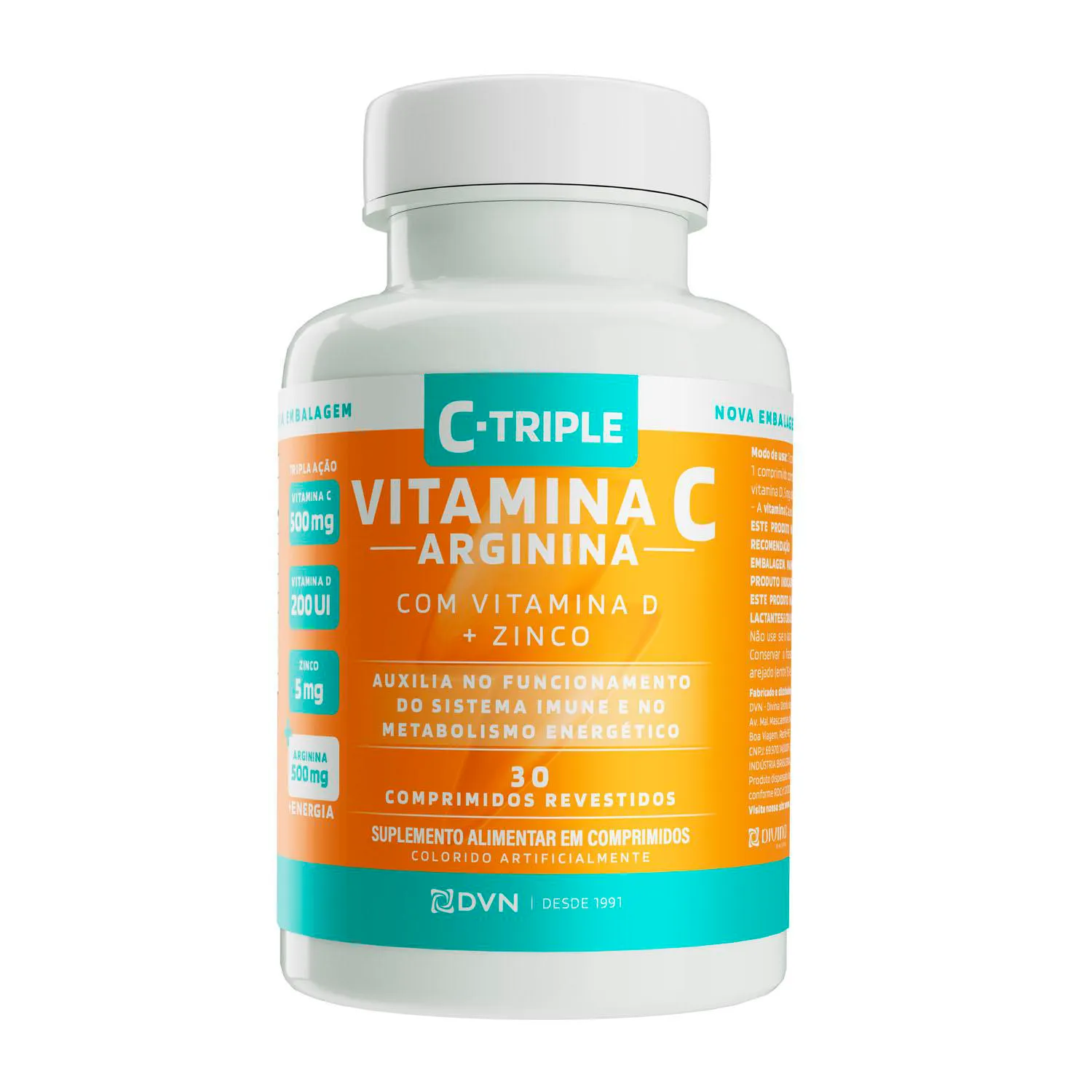 C-triple + Arginina - Vit C 500mg + Zinco 5mg + Vit D 200ui + Arginina 500mg 30 comprimidos