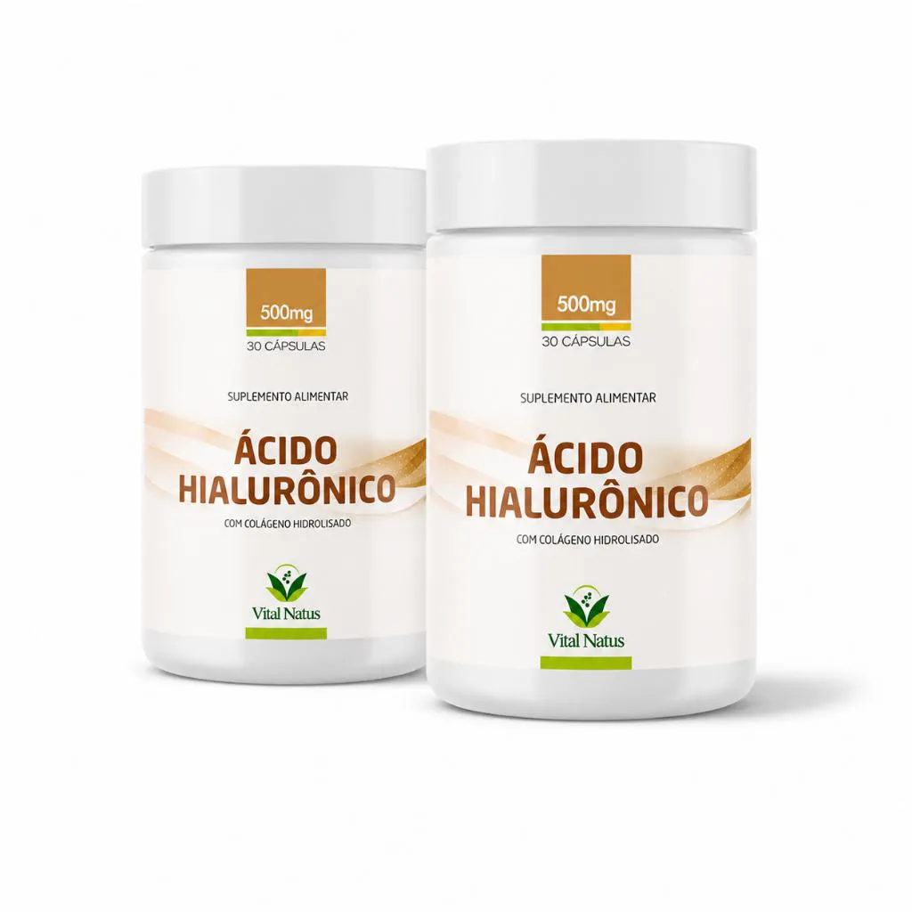 Kit 2 Frascos Ácido Hialurônico + Colágeno Hidrolisado Vital Natus 500mg 60 Cápsulas