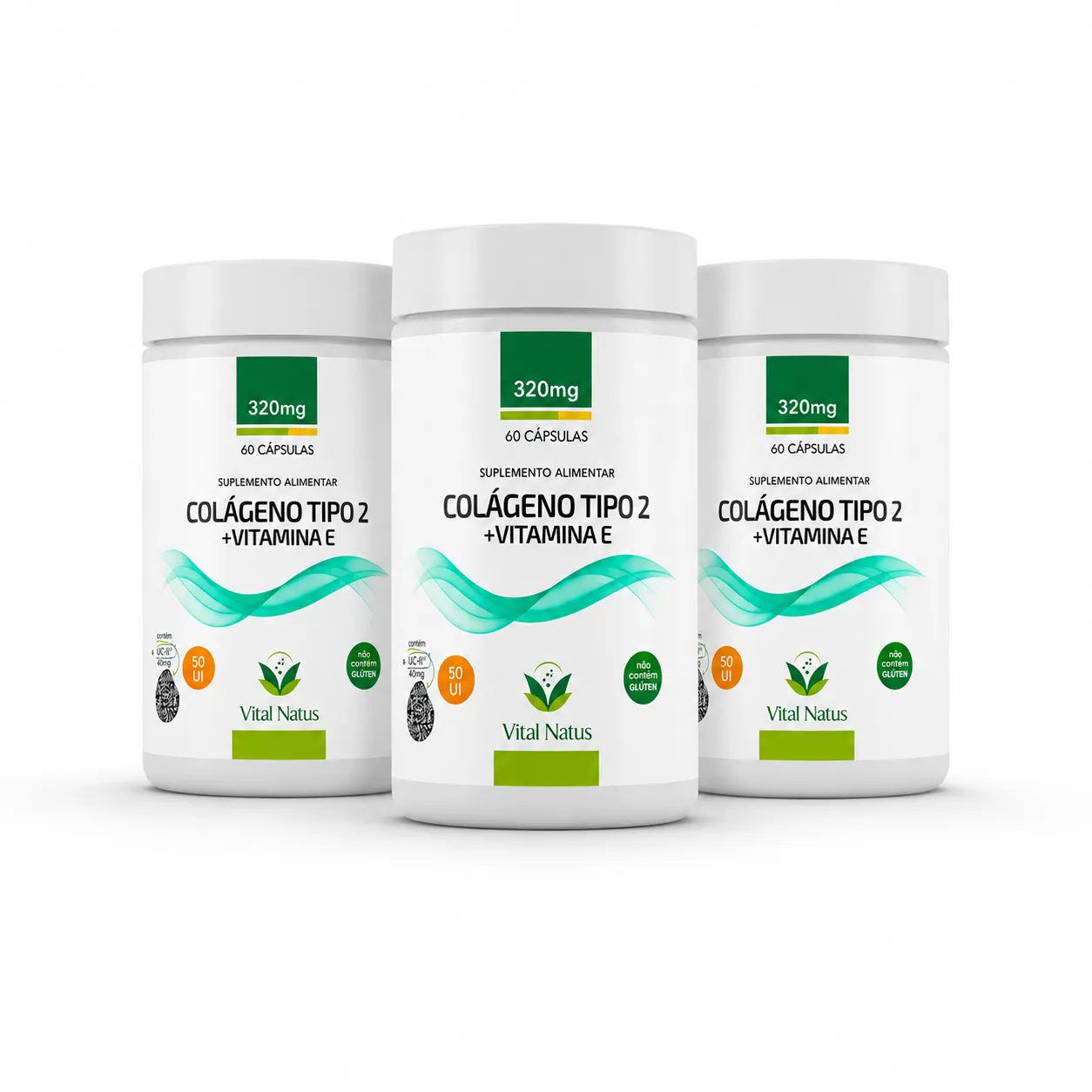 Kit 3 Frascos  Colágeno Tipo 2 UC2 Vital Natus 40mg + Vitamina E 180 Cápsulas