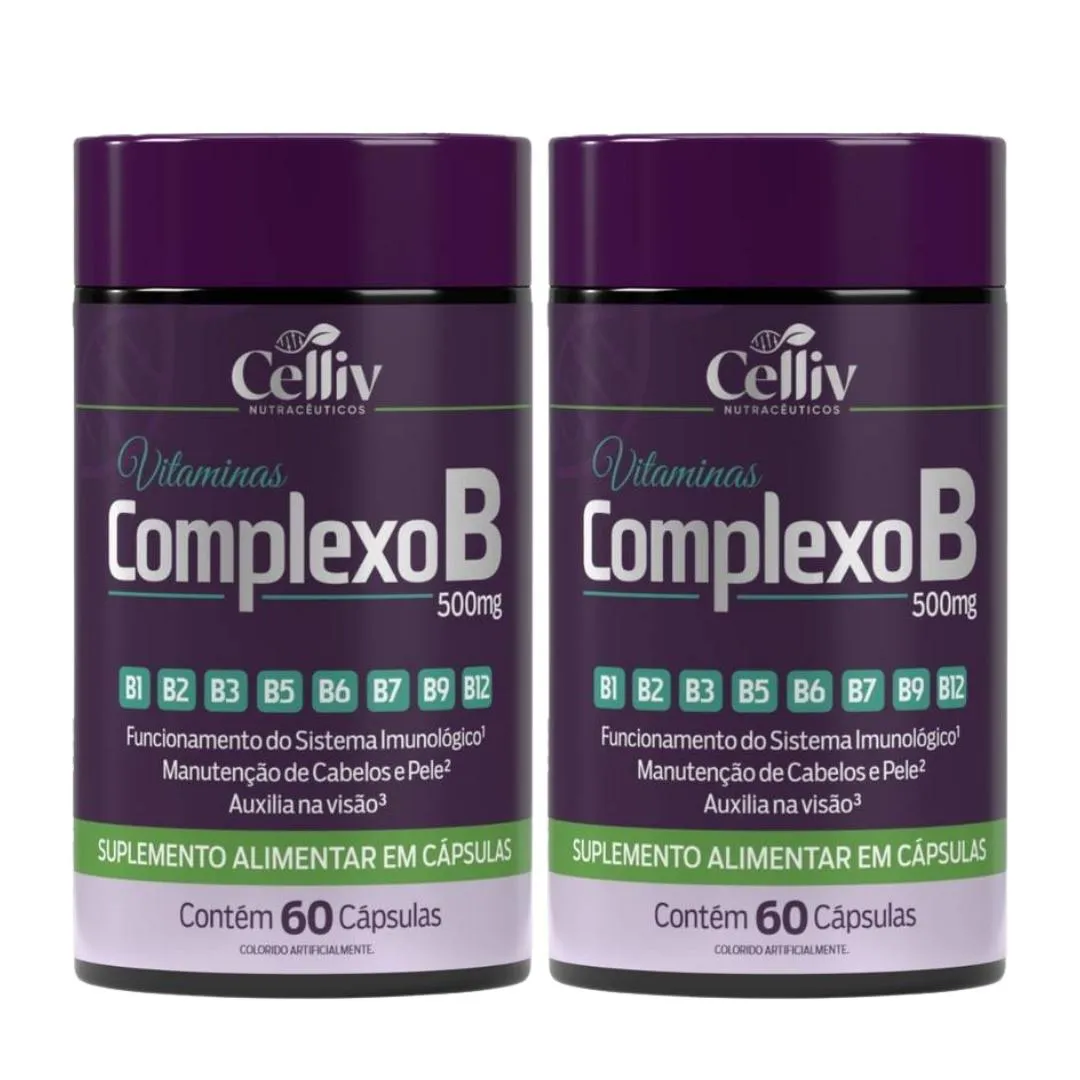 Kit 02 Complexo B (b1, B2, B3, B5, B6, B7, B9, B12) 60 cápsulas de 500mg Celliv