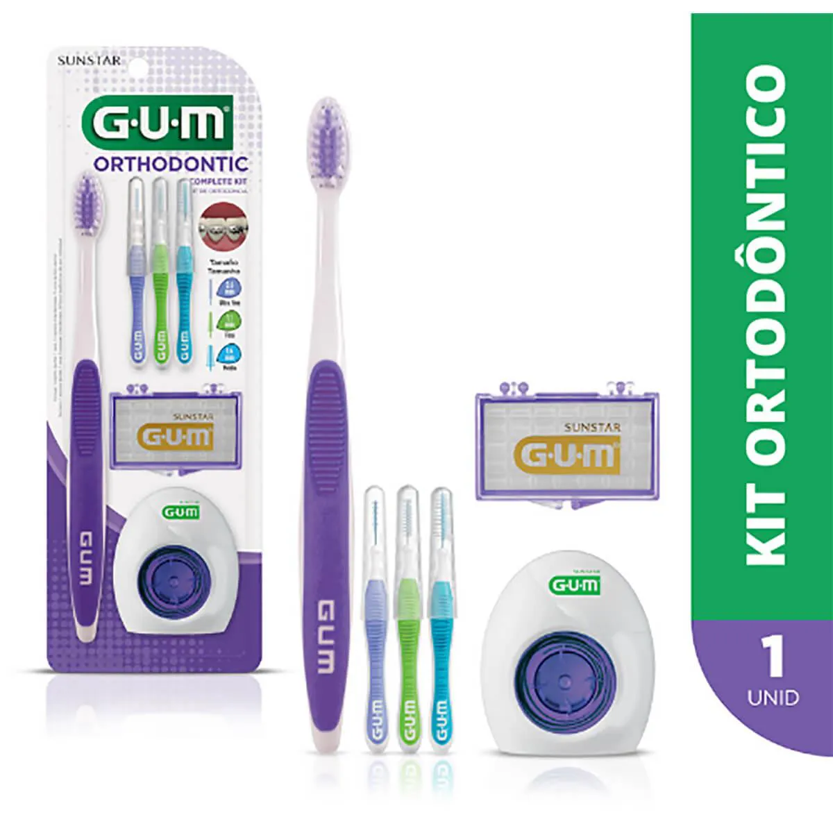 Kit G.U.M Orthodontic Escova de dente + 3 Escovas Interdentais + 5 Bastões de Cera + 5 Fios Dentais
