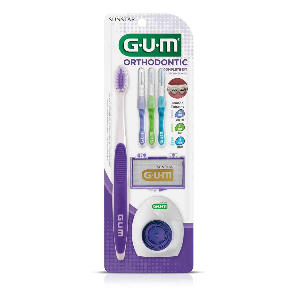 Kit G.U.M Orthodontic Escova de dente + 3 Escovas Interdentais + 5 Bastões de Cera + 5 Fios Dentais