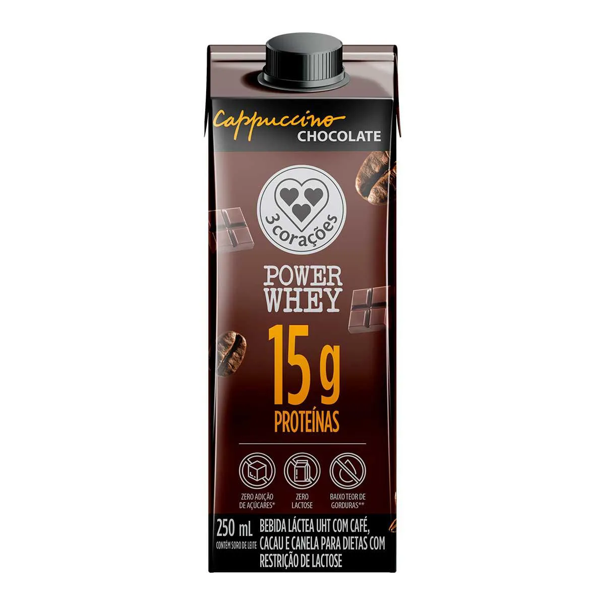 Cappuccino 3 Corações Power Whey Zero Lactose Chocolate 250ml