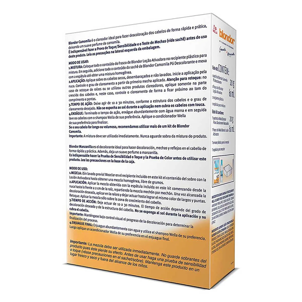 Kit Clareador de Cabelos Blondor Camomila e Manzanilla com 1 sachê de pó descolorante + 1 frasco de loção ativadora + 1 tigela plástica + 1 espátula