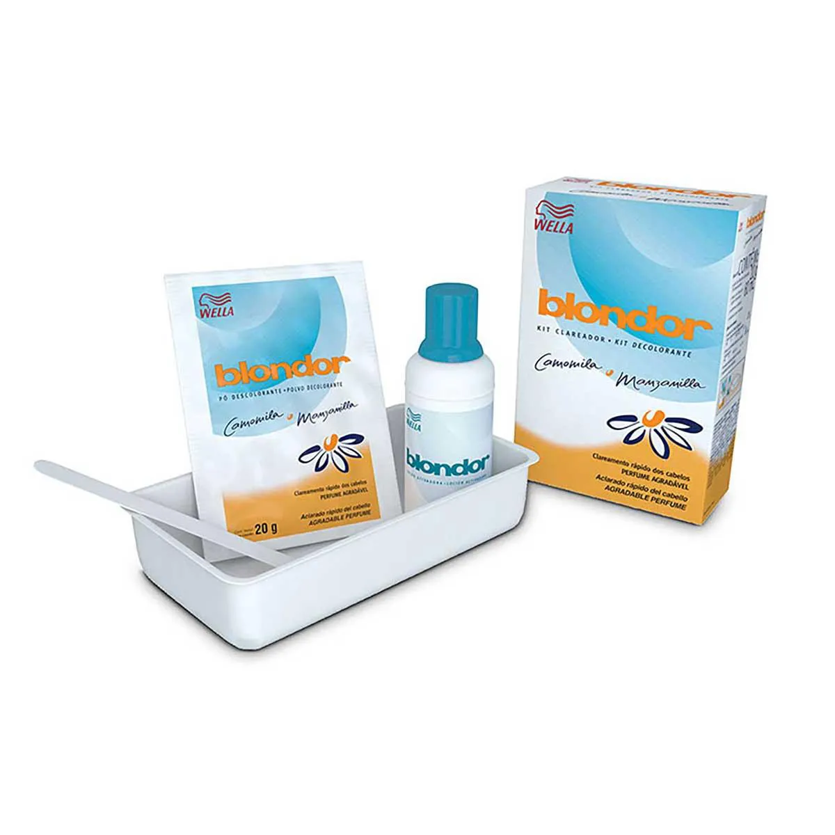 Kit Clareador de Cabelos Blondor Camomila e Manzanilla com 1 sachê de pó descolorante + 1 frasco de loção ativadora + 1 tigela plástica + 1 espátula