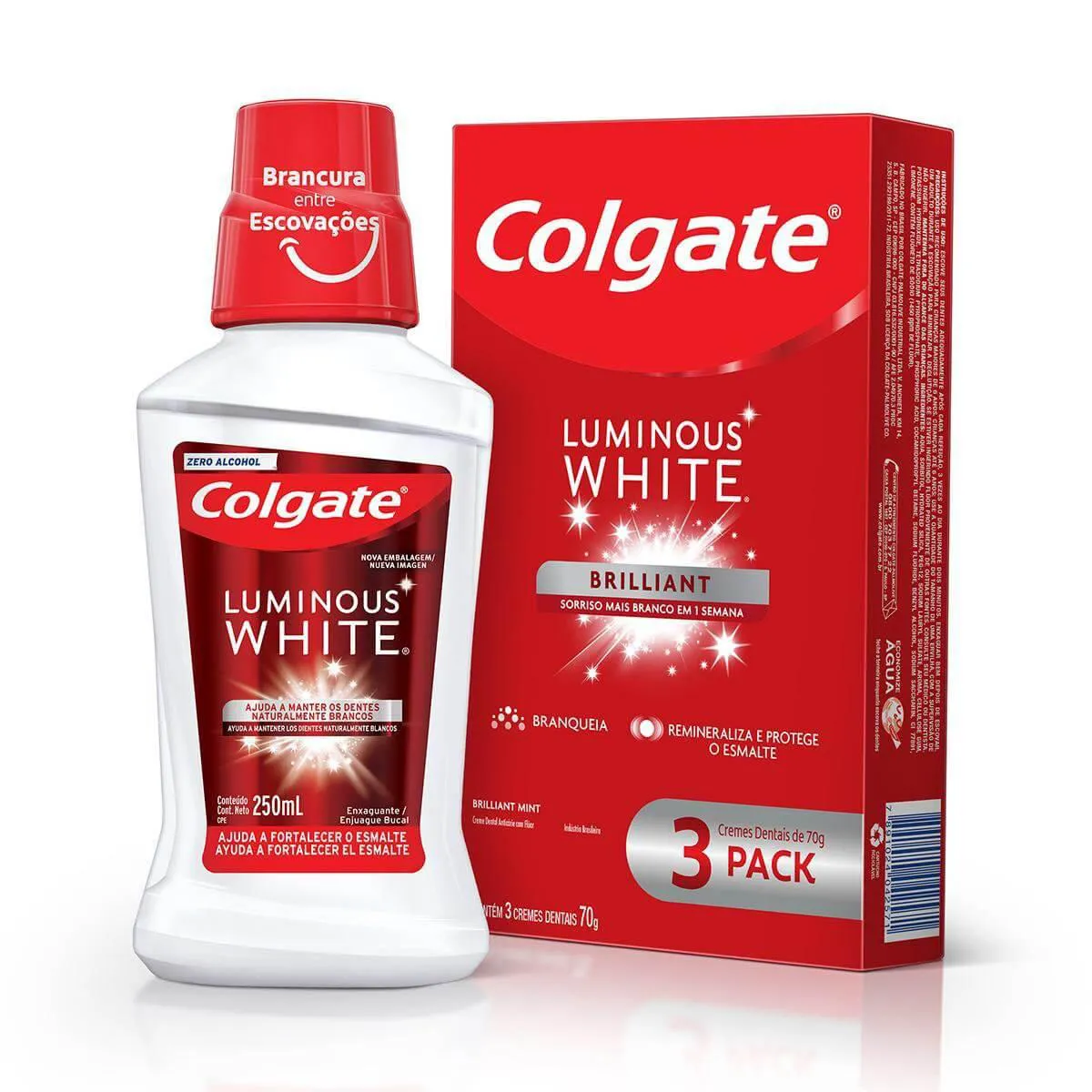 Kit Colgate Luminous White Brilliant Creme Dental 70g 3 unidades + Enxaguante Bucal 250ml