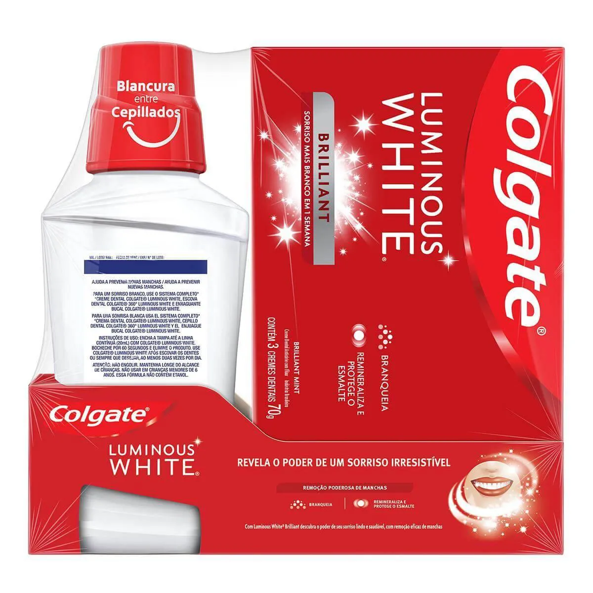 Kit Colgate Luminous White Brilliant Creme Dental 70g 3 unidades + Enxaguante Bucal 250ml