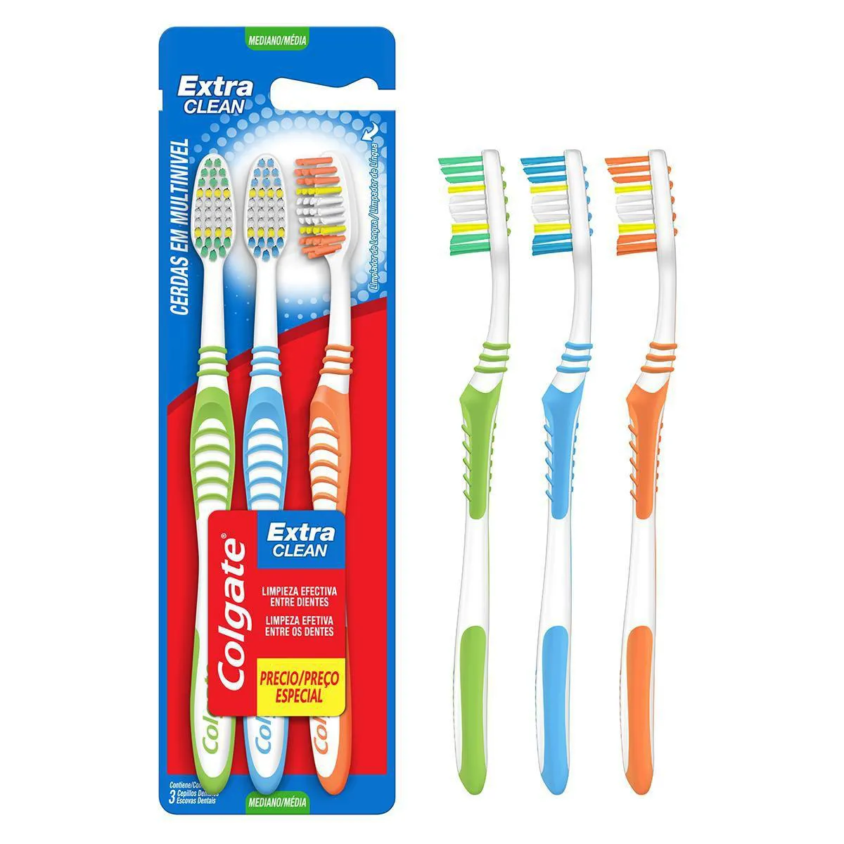 Escova de Dente Colgate Extra Clean Média com 3 unidades