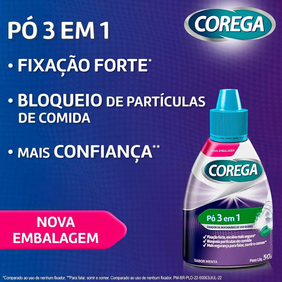 Pó Fixador de Dentaduras Corega 3 em 1 Sabor Menta 50g