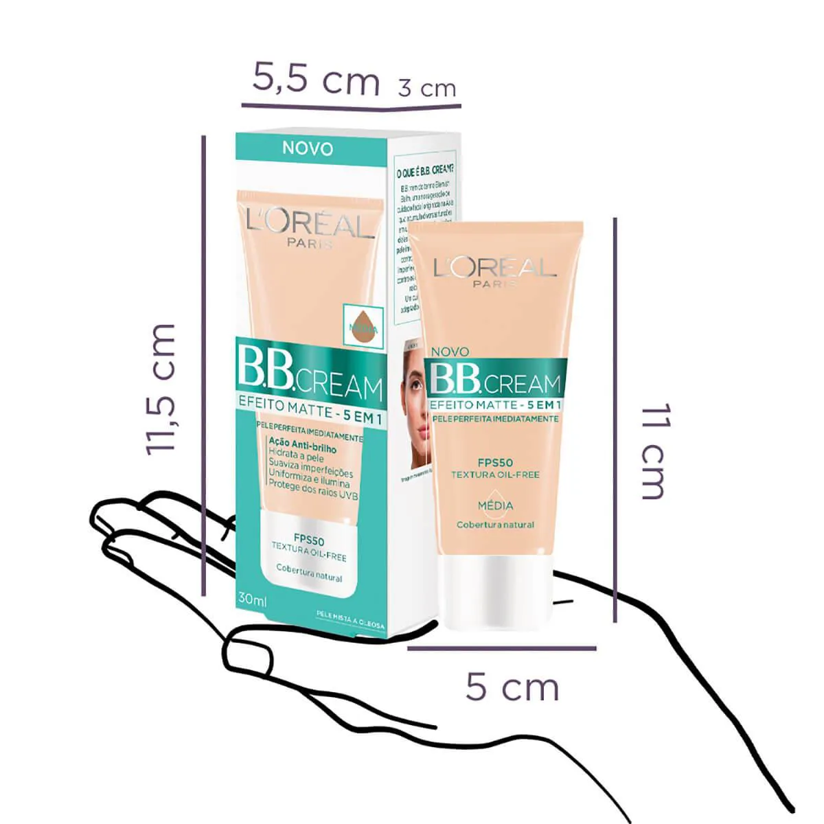 Base BB Cream L'Oréal Paris Efeito Matte 5 em 1 Cor Média FPS 50 Cobertura Leve com Proteção Solar 30ml